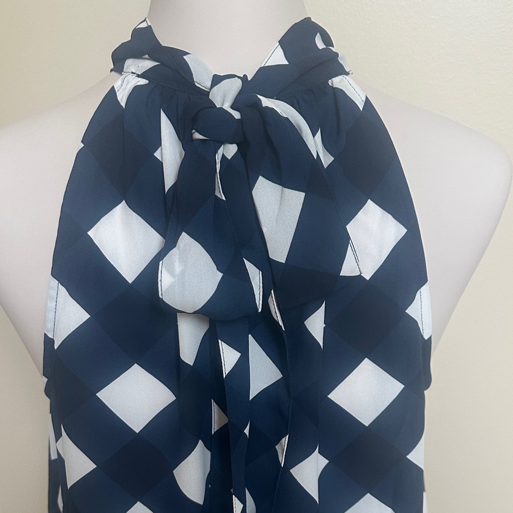 J.Crew Navy White Geometric Halter Bow Tie Sleeveless Blouse Size 6 - Picture 3 of 4